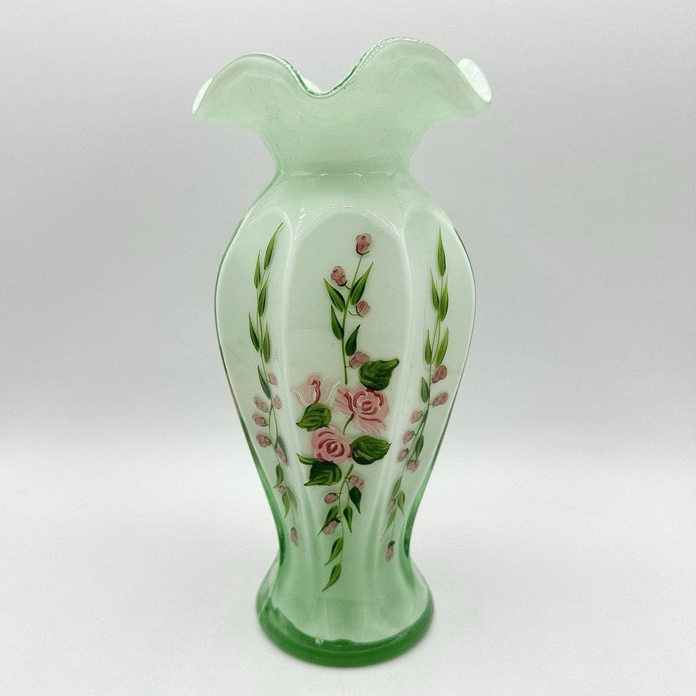 Vintage Green Cased Art Glass Vase Hand Painted Roses Ruffled Rim MCM